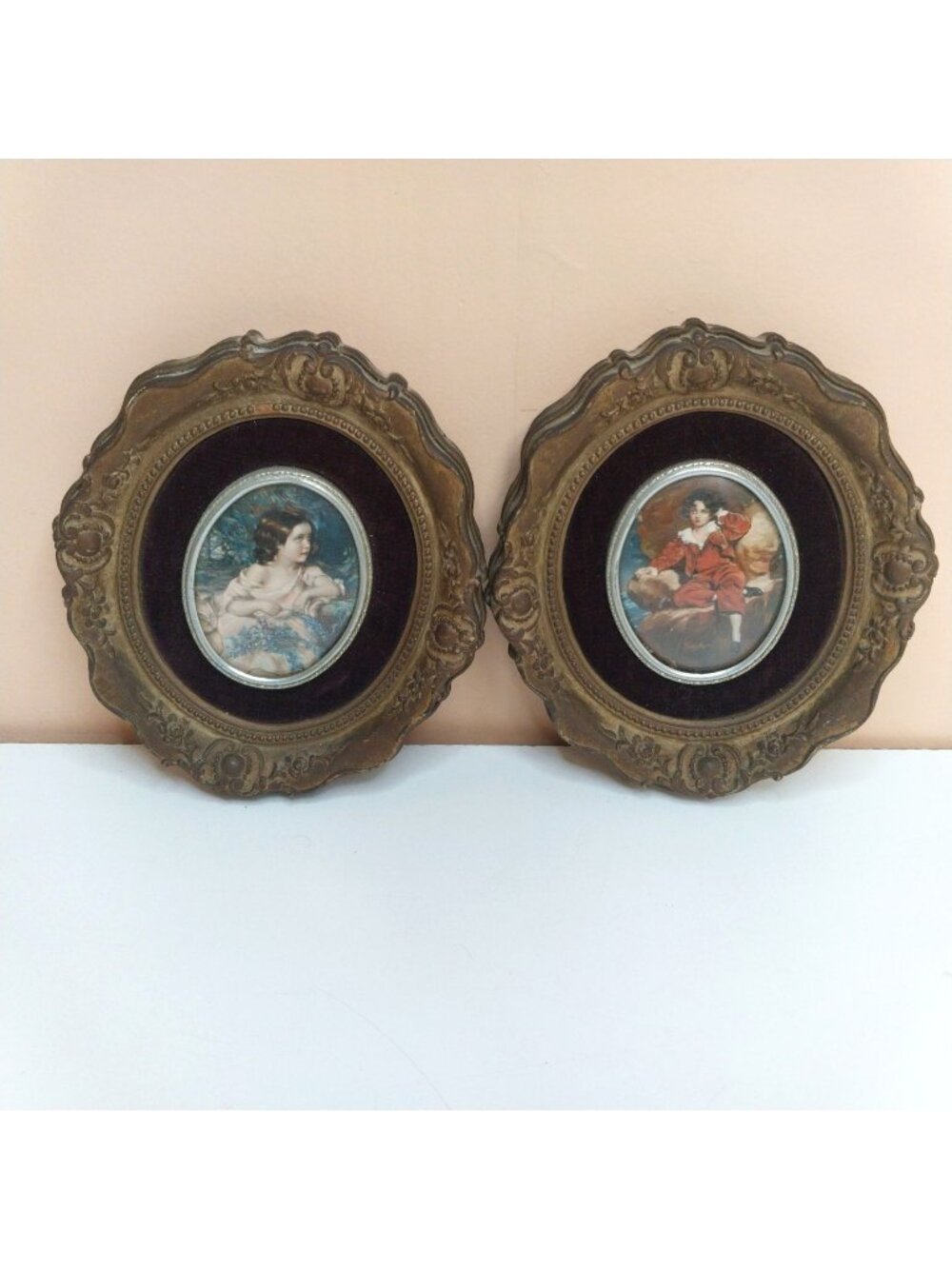 Victorian Style Framed Prints "A Red Boy" & "Simplicity" Set of 2 Bubble Glass